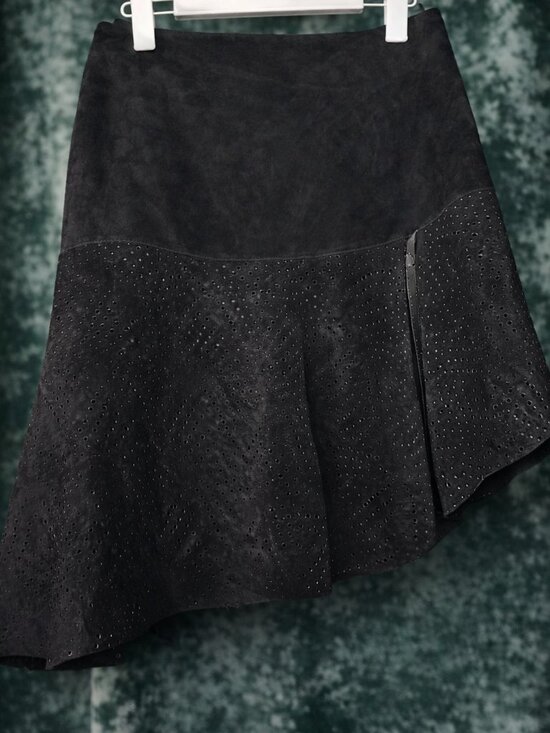 bebe Dresses & Skirts - Vintage Bebe Suede Leather Skirt 8 Black Perforated Asymmetrical Hem
